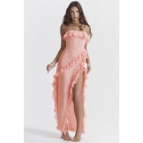 Women's dress - cross-border fashion: european & american summer sexy ruffle bandeau slit sleeveless off-shoulder evening gown dress