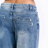 Women's vintage washed heart-pocket wide-leg jeans - trendy, loose-fit, hot girl style denim pants for women (cross-border e-commerce)