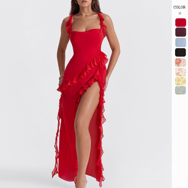 Women's dress - cross-border fashion, european & american summer style, french-style spaghetti strap, ruffle trim, designer detail, sexy slit maxi dress