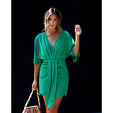 Women's dress - european & american cross-border amazon style - summer solid color elegant asymmetrical slim-fit dress