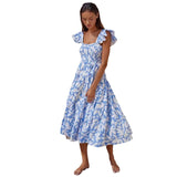 Women's floral print bohemian dress - summer short sleeve square neck maxi dress for cross-border fashion