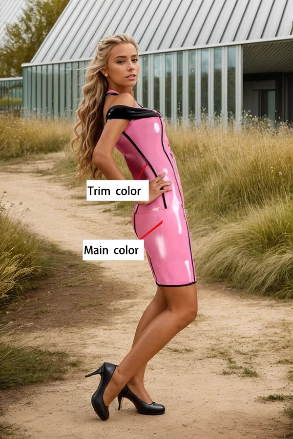 Women Latex Set Pink Off Shoulder Two Piece