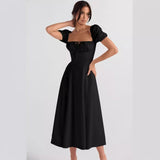 Women's high-waisted summer dress - european & american style - amazon fashion - slimming, elegant, bubble sleeve, tie-waist short sleeve dress