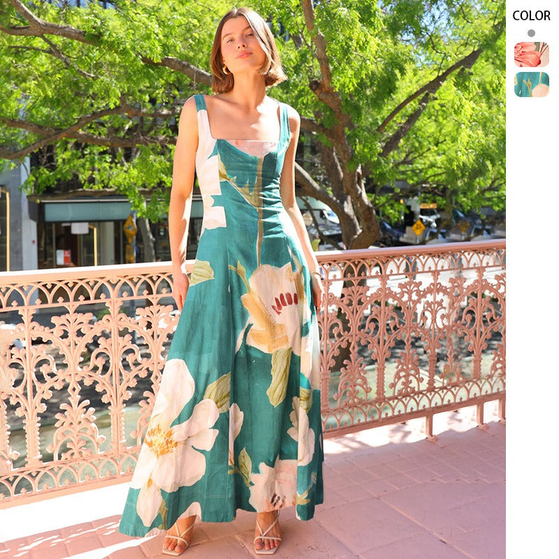 Women's dress - amazon summer european & american cross-border french retro long dress - printed camisole slimming dress for women