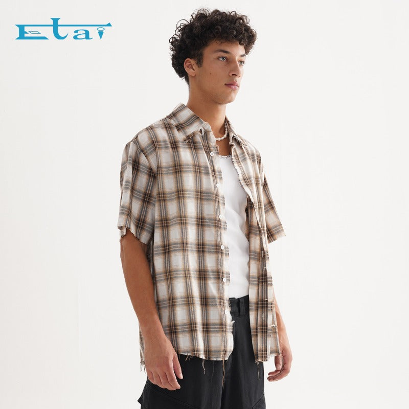 Etai men's fashion street style frayed hem plaid shirt - high quality, relaxed fit summer shirt for men