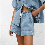 Women's pants: european and american cross-border spring/summer retro casual loose pocket short sleeve shirt & shorts denim set
