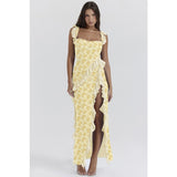 Women's dress - cross-border fashion, european & american summer style, french-style spaghetti strap, ruffle trim, designer detail, sexy slit maxi dress