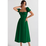 Women's high-waisted summer dress - european & american style - amazon fashion - slimming, elegant, bubble sleeve, tie-waist short sleeve dress