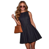 Women's dress: cross-border french retro round neck design, slimming a-line sleeveless denim mini dress for women, spring/summer collection