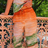 Women's pants - european & american style export - printed casual v-neck tie-up tank top & high-waisted printed wide-leg pants set for women