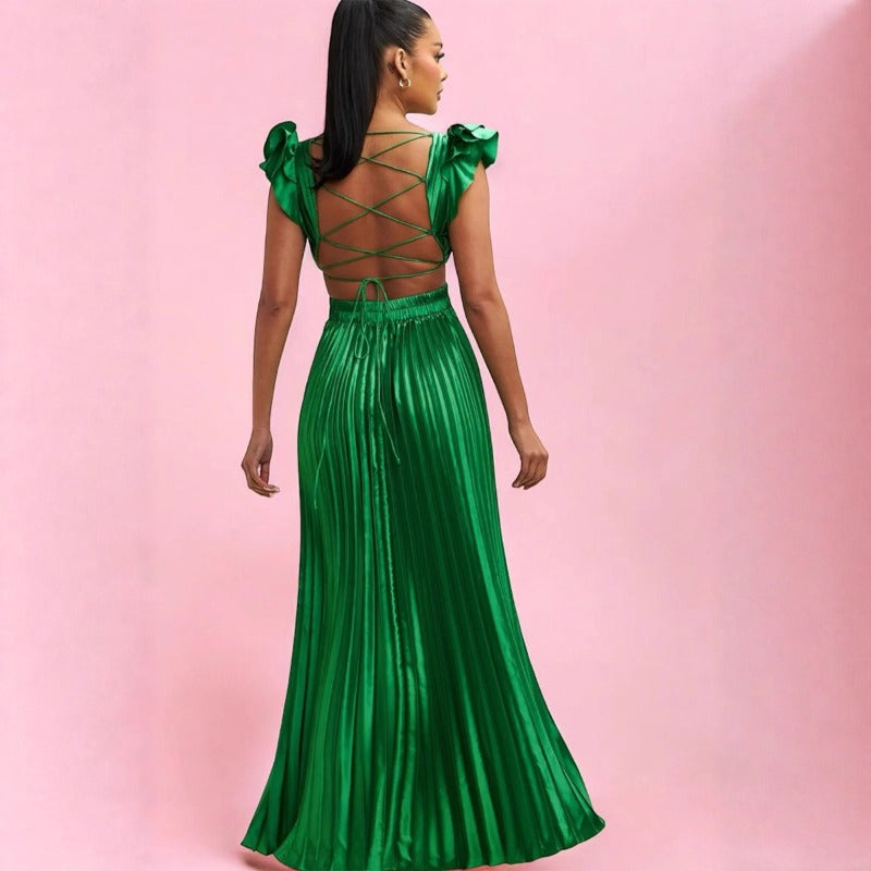 Women dress exportbackless strap pleated skirthigh waist side zipper large skirt party long skirt dresslong dress