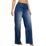 Women's denim pants - cross-border autumn fashion: european & american style, drawstring elastic waist, straight leg, wide leg jeans