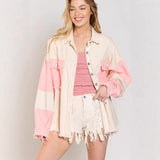 Women's top: spring/summer american retro washed color block denim jacket - turn-down collar, casual distressed raw hem outerwear