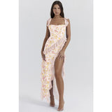 Women's dress - cross-border fashion, european & american summer style, french-style spaghetti strap, ruffle trim, designer detail, sexy slit maxi dress