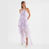 Women's french riviera style beach dress - summer sleeveless halter sundress with ruffle trim