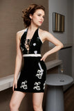 Women Latex Mini Dress Halter Ornamental Decals