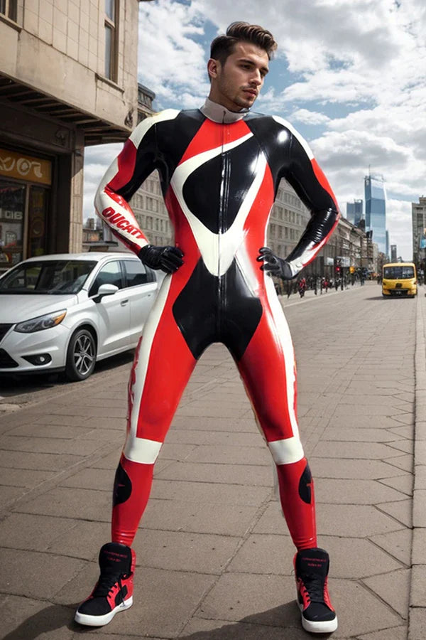 Men Latex Catsuits Motogp Biker Front Zip Racing