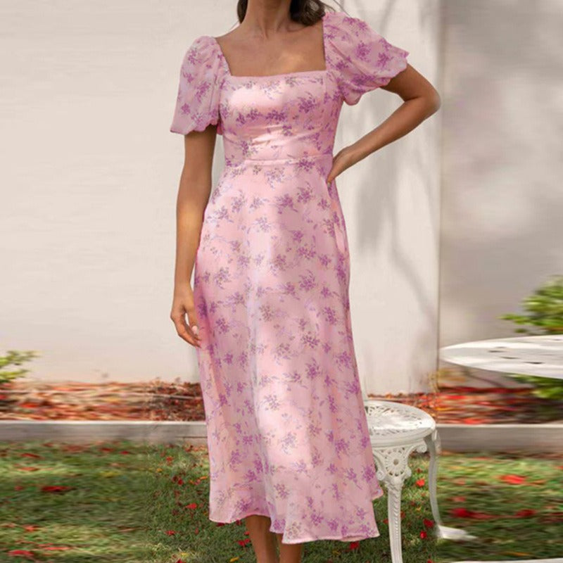 Women's dress: spring/summer european and american style, cross-border backless hot girl dress, spring collection, puff sleeve floral print dress, slimming, light luxury