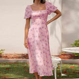 Women's dress: spring/summer european and american style, cross-border backless hot girl dress, spring collection, puff sleeve floral print dress, slimming, light luxury