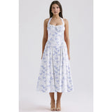 Women's summer slim-fit camisole maxi dress - european & american style fashion print halter neck lace trim dress