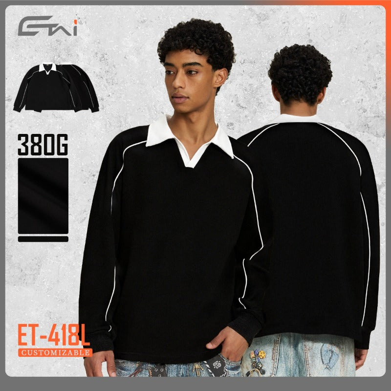 Etai men's fashion retro turn-down collar long sleeve polo shirt sweatshirt - men's sporty casual short wide color block hoodie