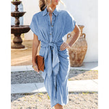 Women's dress european and american cross-border mid-length skirt shirt collar slit pleated silm washed denim dress