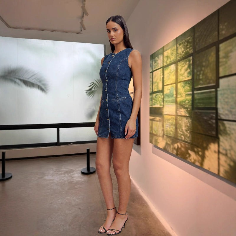 Women's dress - standalone store, cross-border e-commerce, european & american style, spring/summer fashion, casual round neck, sleeveless, high-waisted denim dress for women