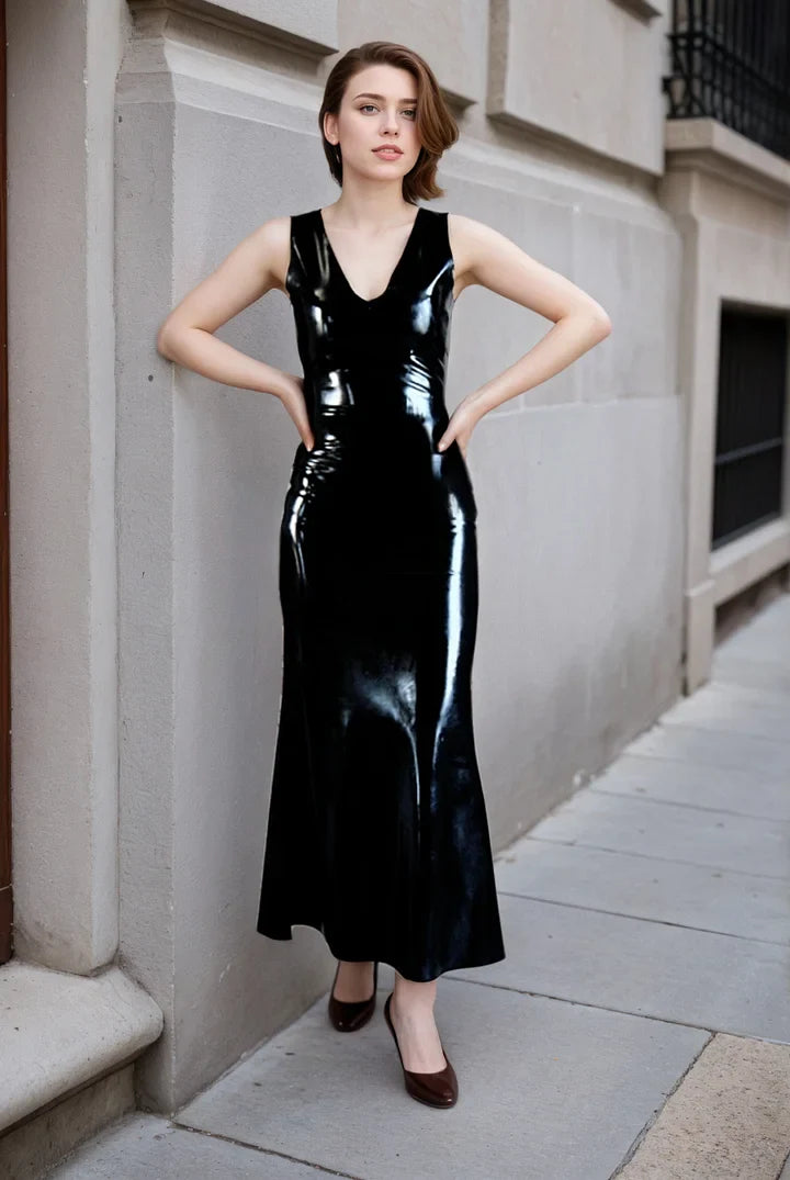 Women Latex Dress Black Minimalist Evening Gown