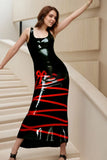 Women Black Latex Maxi Dress Ribbon Entwined