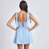 Women's summer fashion dress: european and american style, square neck, high waist, pleated patchwork, bowknot strap dress