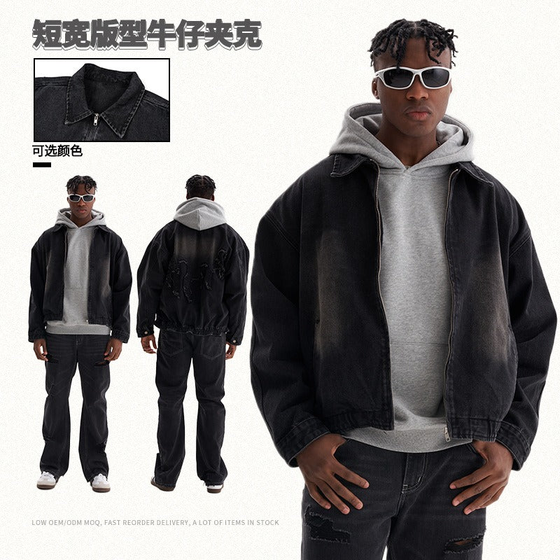 Etai men's high-quality short wide fit denim jacket - trendy brand autumn/winter open front zip-up denim jacket