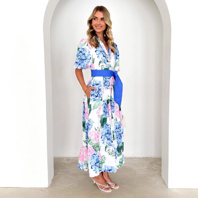 Women's dress - cross-border e-commerce, european & american style, bohemian print, spring/summer short sleeve a-line dress with belt
