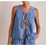 Women's pants: cross-border european and american style summer fashion casual sleeveless tie-waist high-waisted women's vest denim set shorts