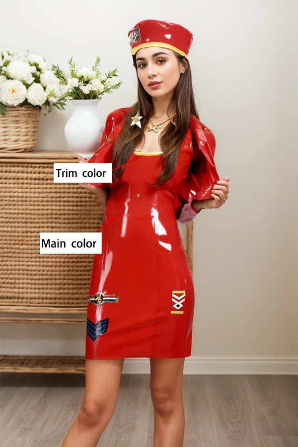 Women Red Latex Dress Ship Captain Set