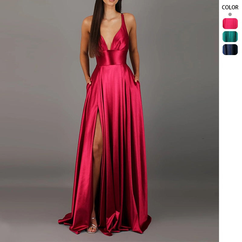 Women's sleeveless summer dress - solid color, european & american style, sexy v-neck, french-inspired, stunning spaghetti strap dress