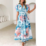 Women's dress - cross-border ready stock - amazon summer fashion casual tie-waist printed maxi dress