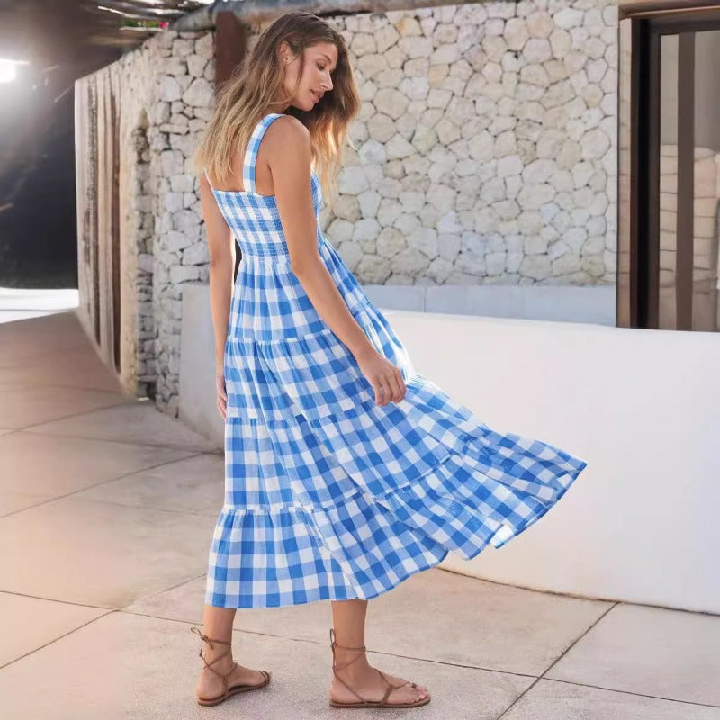 Women's dress - cross-border spring/summer european & american style - elegant sexy spaghetti strap backless striped dress - french skirt