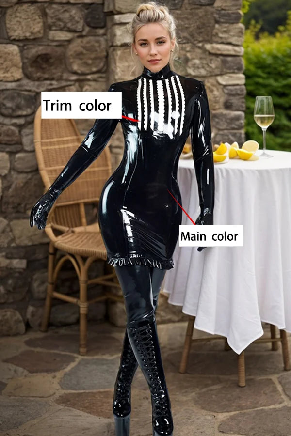 Women Latex Dresses Black and White Set