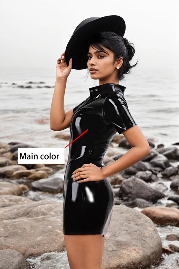 Women Elegant Black Latex Mini Dress Buttons