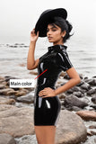 Women Elegant Black Latex Mini Dress Buttons