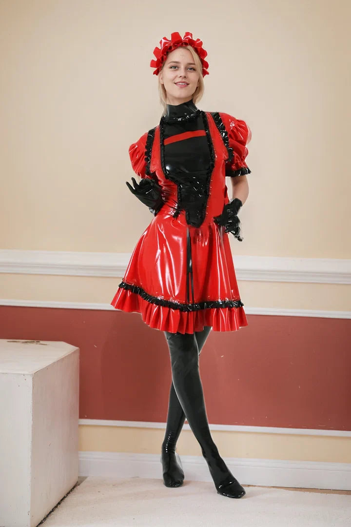 Women Latex maid Dress Red Housemaid Uniform cosplay