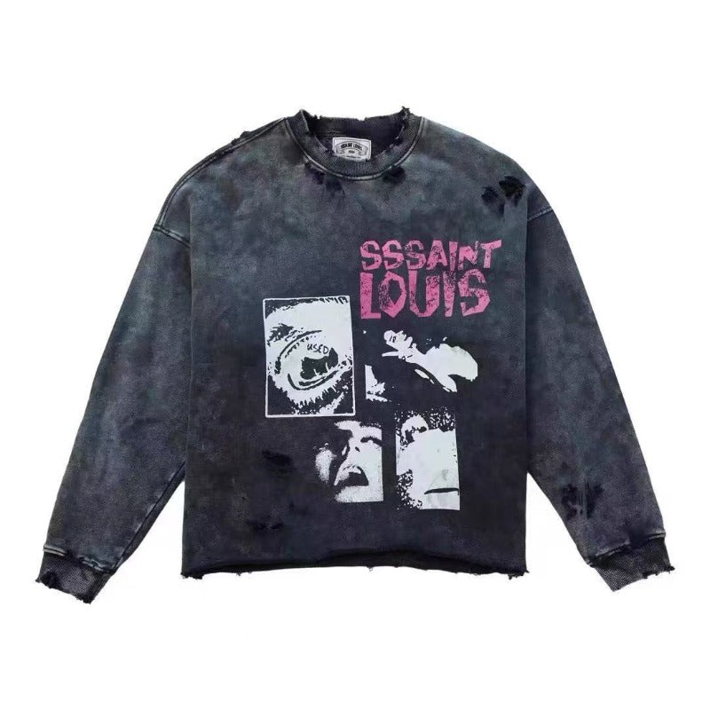 Saint m hoodie - autumn/winter s.m black inverted distressed crewneck pullover sweatshirt - wholesale