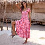 Women's floral print bohemian dress - summer short sleeve square neck maxi dress for cross-border fashion