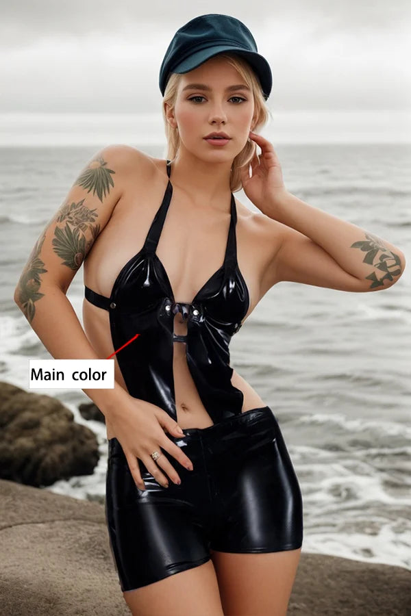 Women Black Latex Bodysuits Halter Neck Fetishwear