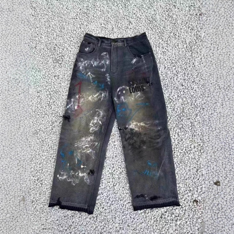 Saint m t pants - spring/autumn s.m distressed hand-painted graffiti loose casual pants - wholesale