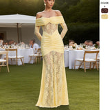 Women's dress: european and american style, elegant lace off-the-shoulder maxi dress, fashionable sexy long sleeve backless slim-fit dress for women