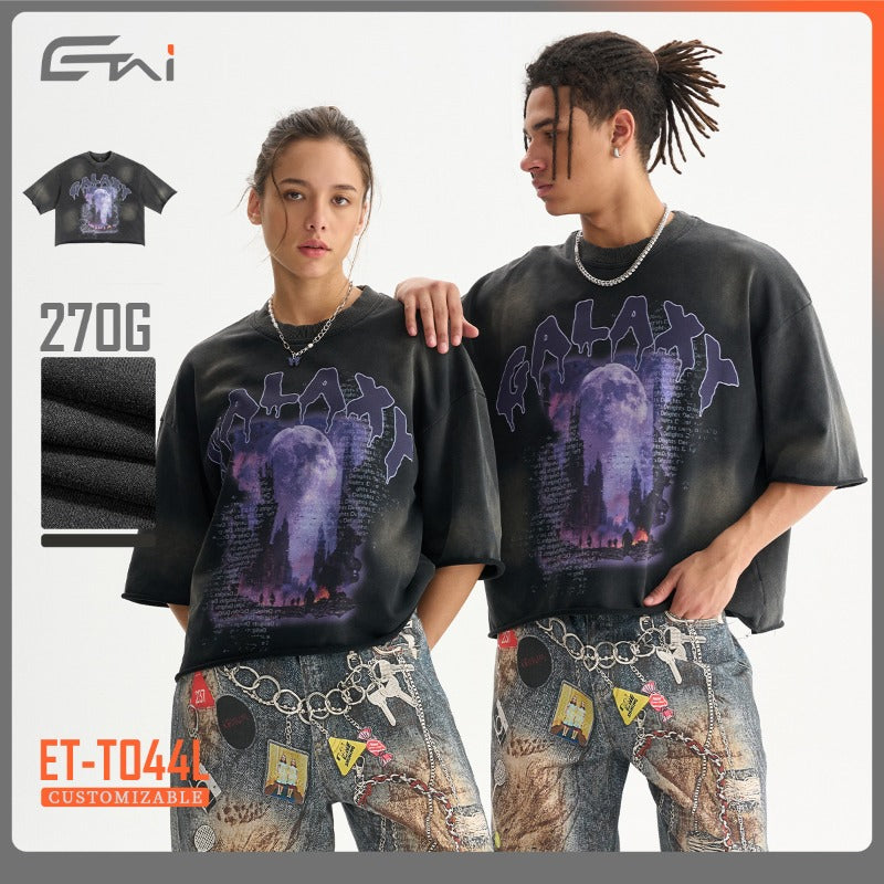 Etai men's clothing trendy brand spray monkey short wide terry distressed t-shirt men's high street loose edge washed retromen short sleeve