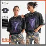 Etai men's clothing trendy brand spray monkey short wide terry distressed t-shirt men's high street loose edge washed retromen short sleeve