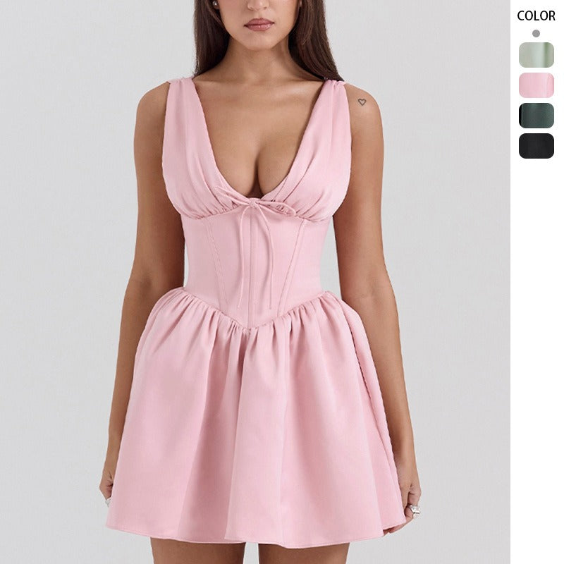 Women's french deep v-neck short princess dress - european & american style sexy bodycon mini dress - house collection