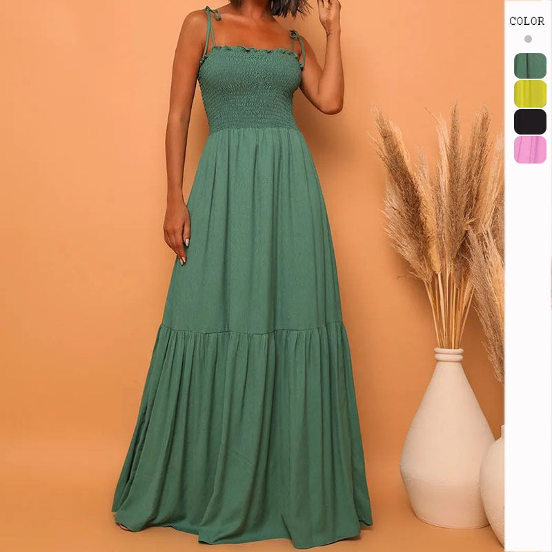 Women's dress: european and american style, solid color, high-waisted, slimming, elegant, vintage-inspired, spaghetti strap, maxi length, dress, light luxury